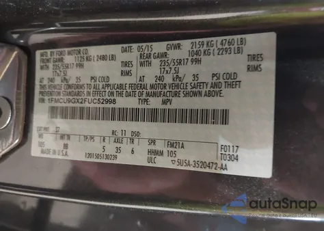 2015 Ford Escape Se из США, поврежденный, VIN 1FMCU9GX2FUC52998